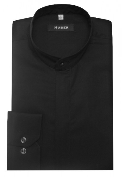 HUBER Stehkragen Hemd schwarz Regular verdeckte Leiste HU-0002
