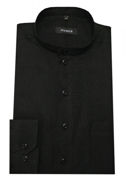 HUBER Schlupf-Hemd schwarz Stehkragen 100% Leinen HU-0502 Regular