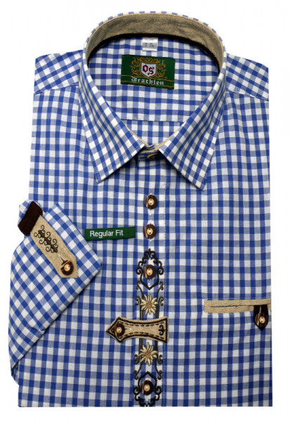 Orbis Trachtenhemd blau kariert mit Stickerei Krempelarm OS-0251 Regular Fit