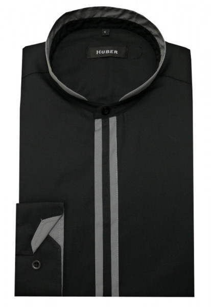 HUBER Stehkragen Hemd schwarz-grau Regular Fit HU-0094