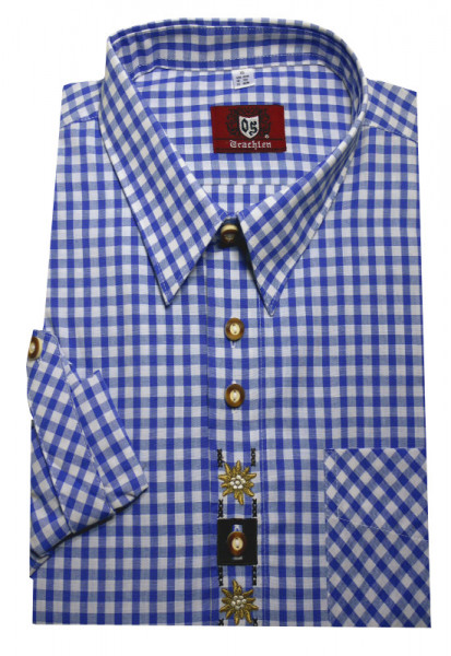 Orbis Trachtenhemd blau-weiß mit Stickerei Krempelarm OS-0102 Regular Fit