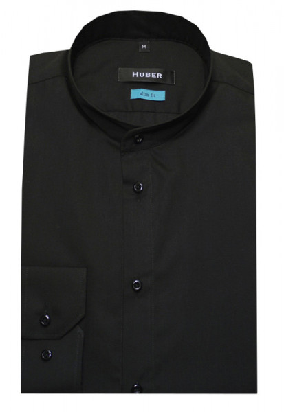 HUBER Stehkragen Hemd schwarz Slim Fit bügelleicht HU-0382