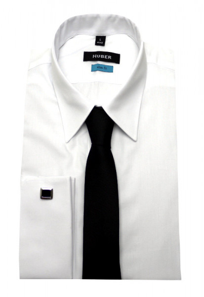 HUBER Umschlagmanschetten Hemd weiß +Krawatte schwarz HU-6361 Slim Fit