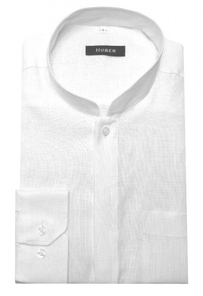 HUBER Stehkragen Hemd weiß 100% Leinen Mandarin Kragen HU-0571 Regular