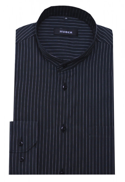 HUBER Stehkragen Hemd schwarz weiß gestreift HU-0038 Regular