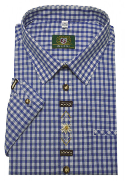 Orbis Trachtenhemd blau weiß mit Stickerei Krempelarm OS-0361 Regular Fit
