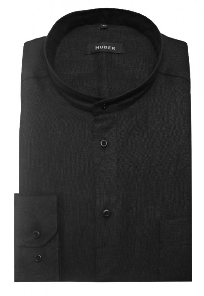 HUBER Stehkragen Hemd schwarz 100% Leinen nachhaltig Regular HU-0466