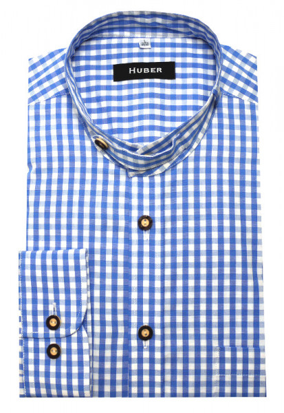 HUBER Trachtenhemd Stehkragen blau Krempelarm HU-0723 Regular