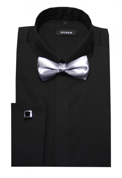 HUBER Umschlag-Manschetten Hemd schwarz inkl. Fliege HU-1362 Slim Fit