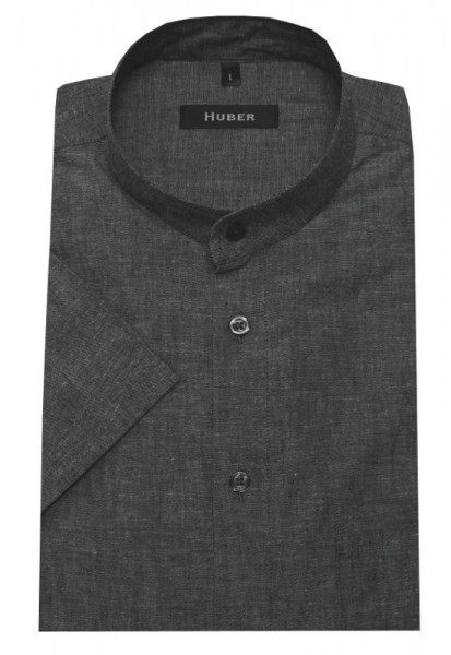 HUBER Stehkragen Leinen Kurzarm Hemd grau HU-0131 Regular