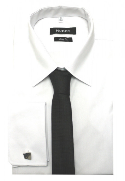 HUBER Hemd mit Umschlagmanschetten weiß inkl. Krawatte HU-5361 Slim Fit