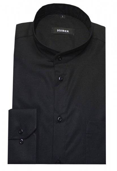 HUBER Stehkragen Hemd schwarz Regular Baumwolle HU-0009