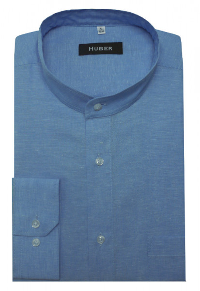 HUBER Stehkragen Leinen Hemd blau Halbleinen HU-0434 Regular