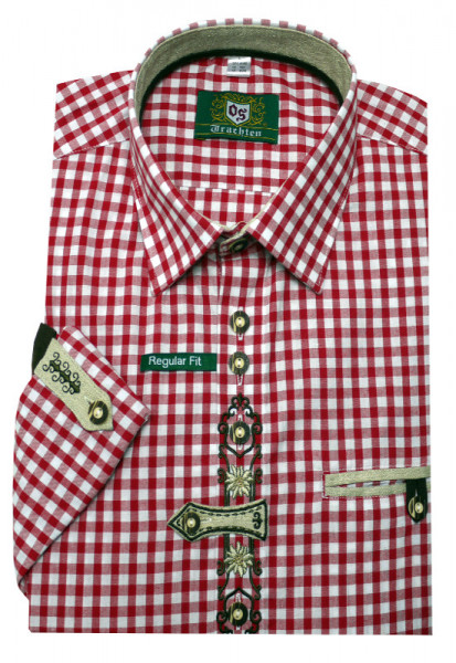 Orbis Trachtenhemd rot kariert mit Stickerei Krempelarm OS-0252 Regular Fit