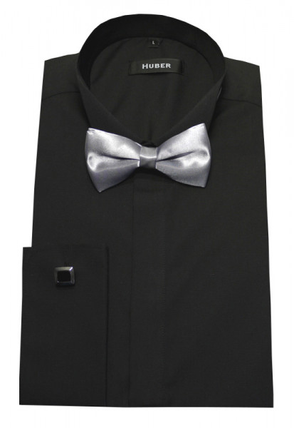 HUBER Smoking Hemd schwarz inkl. Fliege silber HU-2352 Slim Fit
