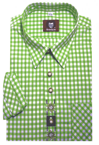 Orbis Trachtenhemd grün-weiß mit Stickerei Krempelarm OS-0101 Regular Fit