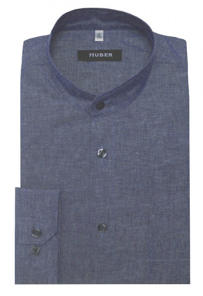 HUBER Stehkragen Leinen Hemd marine blau Halbleinen HU-0437 Regular