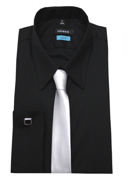 HUBER Umschlag-Manschetten Hemd schwarz inkl. Krawatte HU-5362 Slim Fit