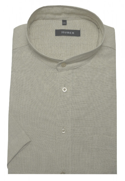 HUBER Stehkragen Kurzarm Hemd beige 100% Leinen Nachhaltige Naturfaser HU-0117 Regular