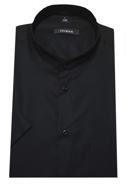 HUBER Stehkragen Hemd schwarz Kurzarm HU-0126 Regular