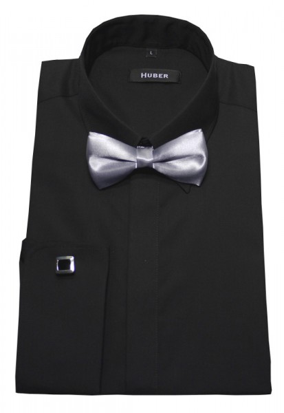 HUBER Umschlagmanschetten Hemd schwarz inkl. Fliege HU-4012 Regular