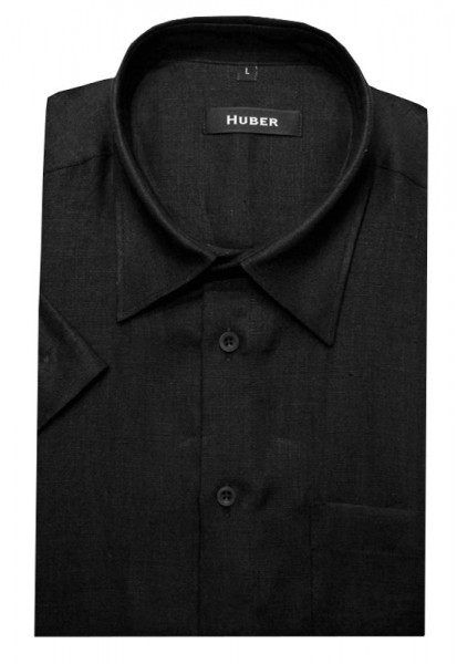 HUBER Kurzarm Hemd schwarz 100% Leinen HU-0102 Regular
